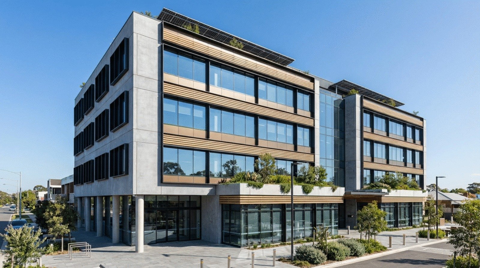 Nova Jones external cladding — premium commercial façade with stone, timber and glass, installed across Victoria